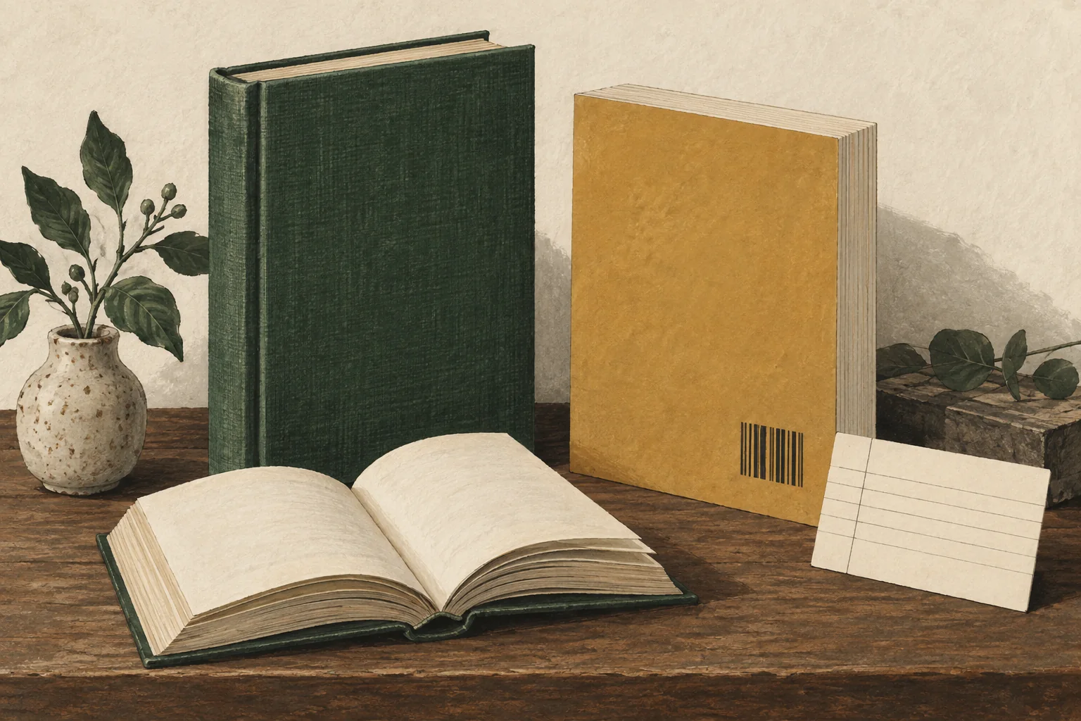 Illustration med olika bokformat och ett katalogkort.